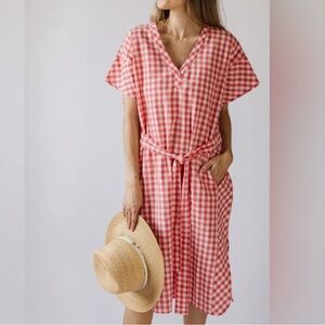 Pink Gingham V-Neck Tie-Waist Coverup Dress